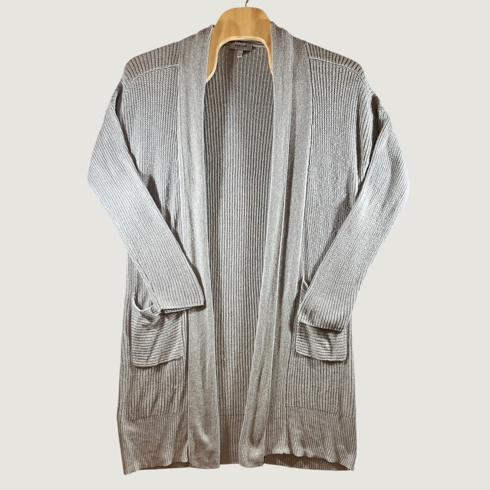 1067 | Kenneth Cole Reaction Ribbed Open Front Longline‎ Cardigan Grey Womens XL